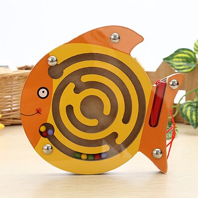 Children Magnetic Maze Toy Kids Wooden Puzzle Game Toy Kids Early Educational Brain Teaser Wooden Toy Intellectual Jigsaw Board: Orang Fish