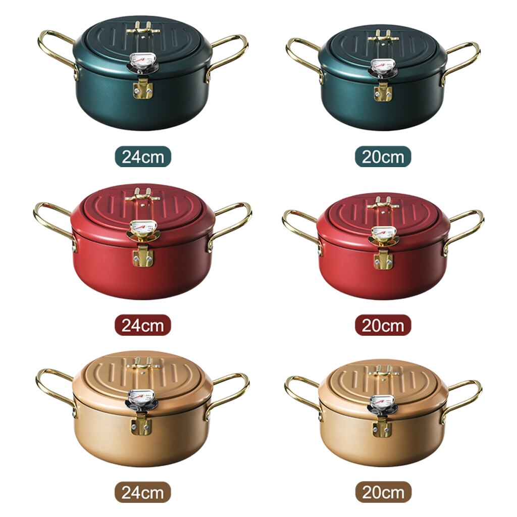 Round Japanese Style Deep Frying Pot Tempura Fryer Pan with Thermometer for Fried Chickens