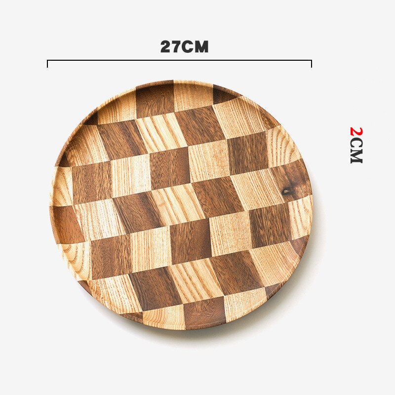 Grid Pattern Solid Wood Pan Plate Fruit Dishes Saucer Tea Tray Dessert Dinner Bread Wood Plate: 27CM