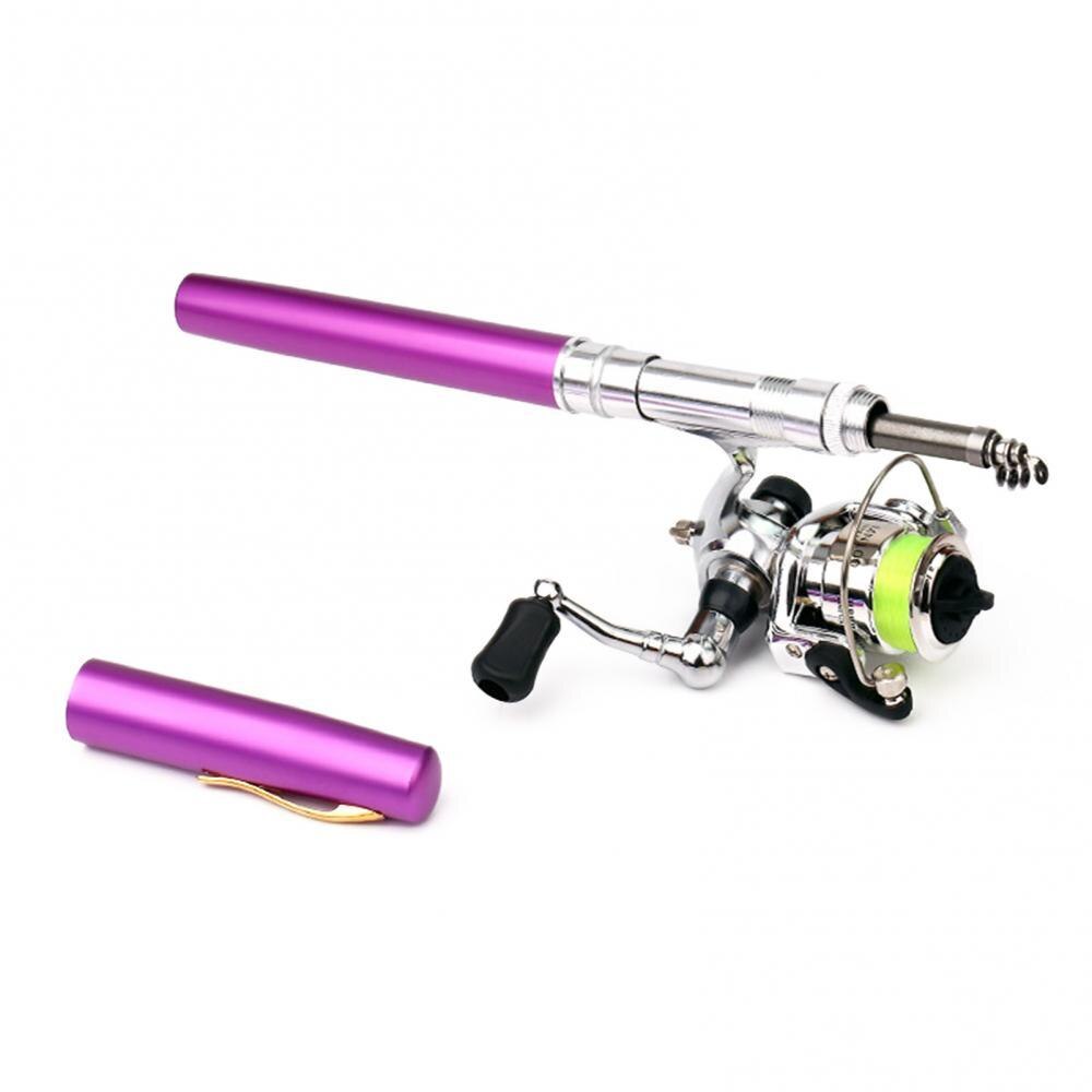 Mini canne à pêche télescopique en métal, 1.6m, en forme de stylo, avec moulinet à tambour fixe: Violet