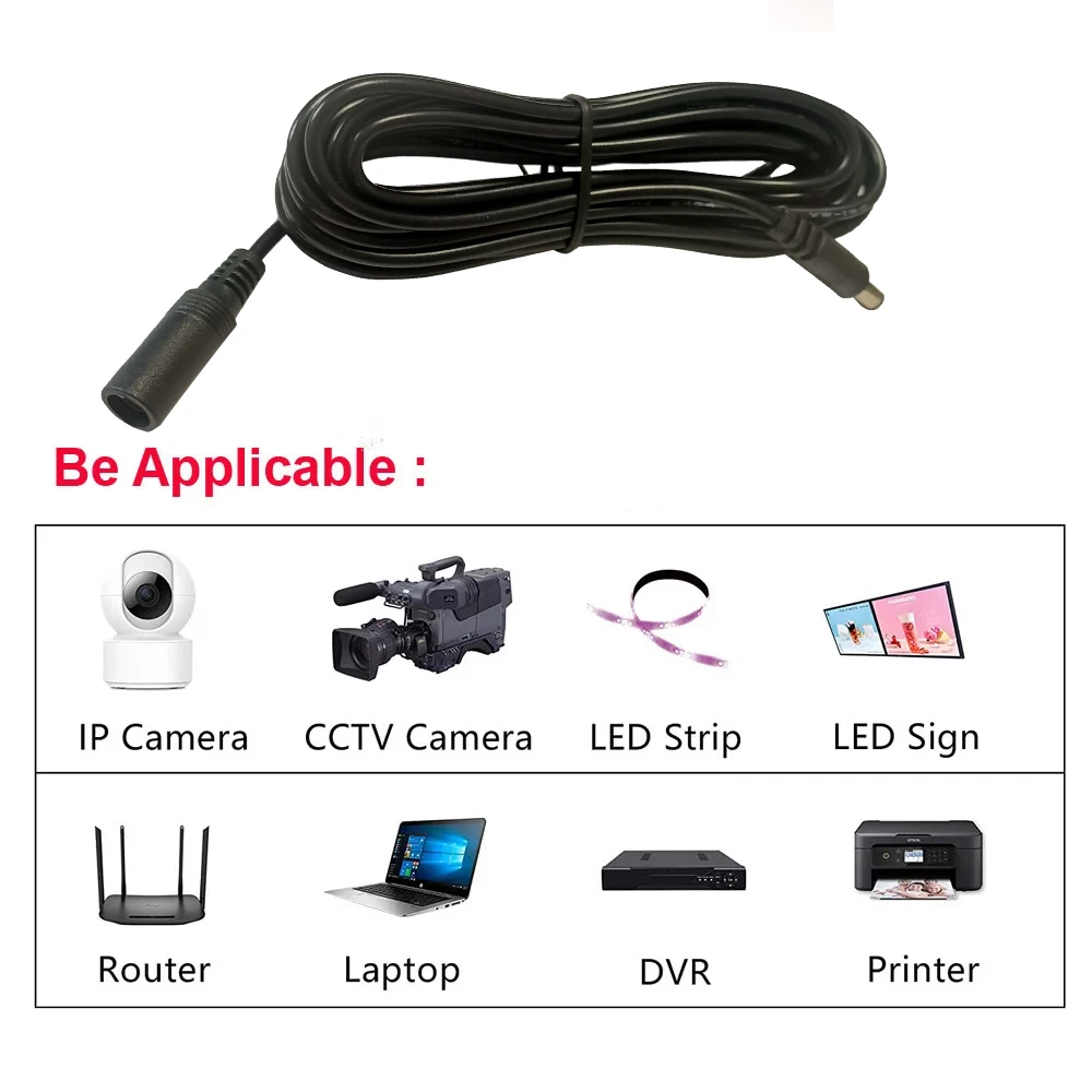 1M 3M 5M 10M DC Verlengkabel 2.1mm x 5.5mm Vrouw naar Man Connector netsnoer Kabel Adapter Extender Zwart Elektrische Draad