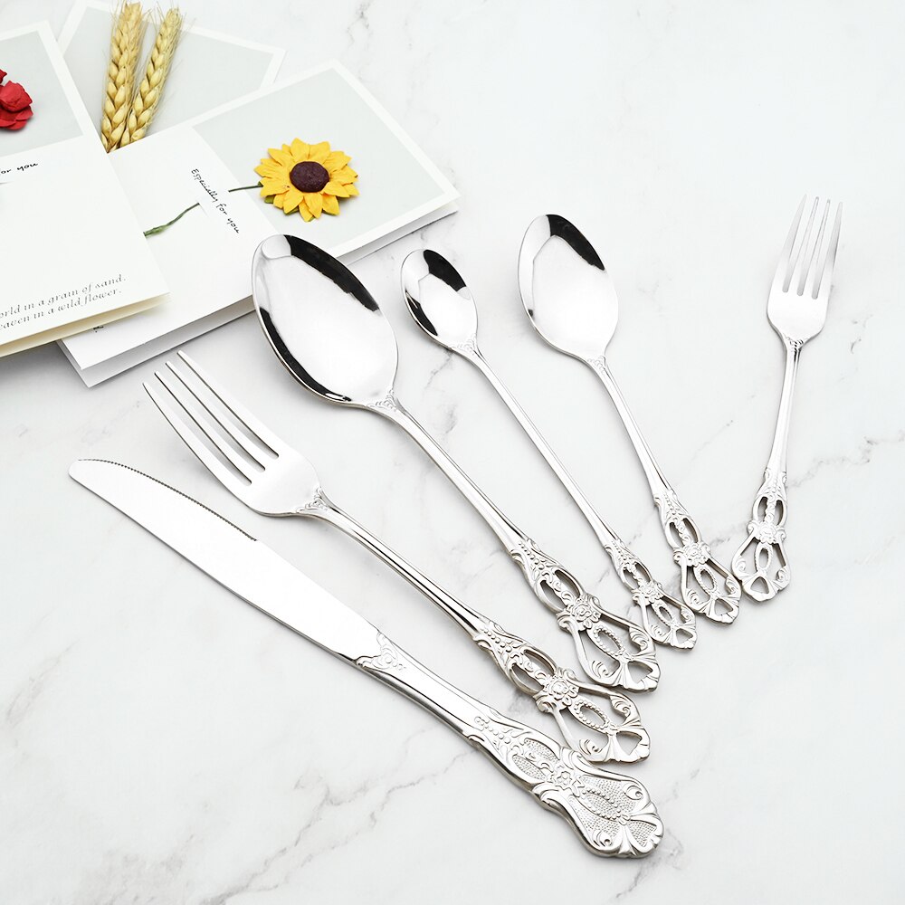 Drmfiy 6/30Pcs Silver Dinnerware Set Knife Dessert Fork Spoon Flatware Stainless Steel Cutlery Kitchen Silverware Tableware Set