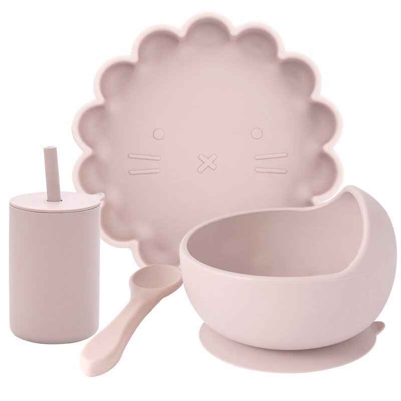 Juego de comida de entrenamiento para niños, cuenco de alimentación para bebé, plato de succión vajilla de silicona de grado alimenticio, taza de paja, artículos para bebé, 4 Uds.: 002B-dasty lilac