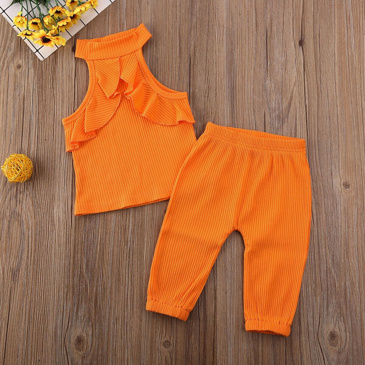Pudcoco Del Bambino Del Bambino Vestiti Della Ragazza Senza Maniche di Colore Solido Dell'increspatura Della Maglia Magliette e camicette Pantaloni Lunghi 2Pcs Outfit Lavorato A Maglia Vestiti di Cotone Set: 2T