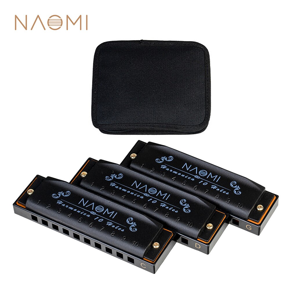 Naomi 3 stk hoodoo blues harmonikaer c, d, g nøgle mundharmonika sæt 10 huller instrument