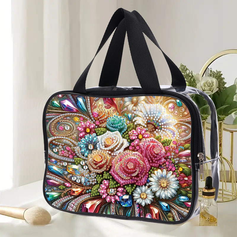 Bolsa de cosméticos con pintura de diamantes de flores DIY para adultos, bolsos de plástico transparente de PVC, bolsas de maquillaje transparentes para viaje, 1 ud.: YELLOW