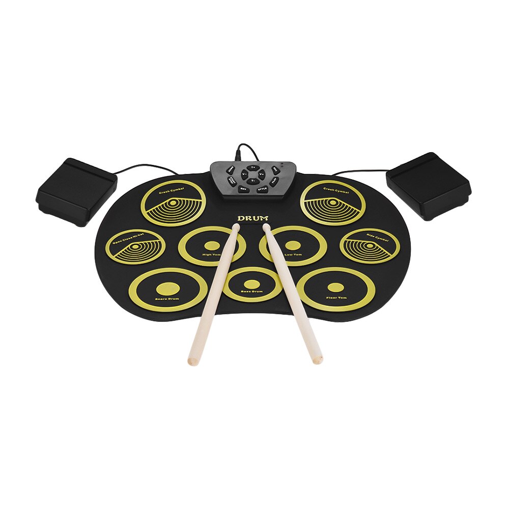 Elektronisk digital usb 9 pads rull opp sett silikon elektrisk trommesett med trommestikker og opprettholde pedal perkusjonsinstrumenter: type 4 gul