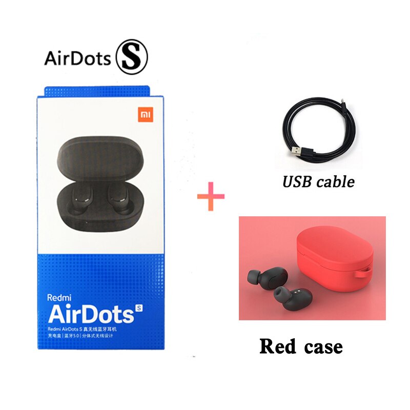 Original Xiaomi Airdots S Tws Redmi Airdots S Earbuds Wireless Earphone Bluetooth 5.0 Gaming Headset With Mic Voice Control: red  case cable