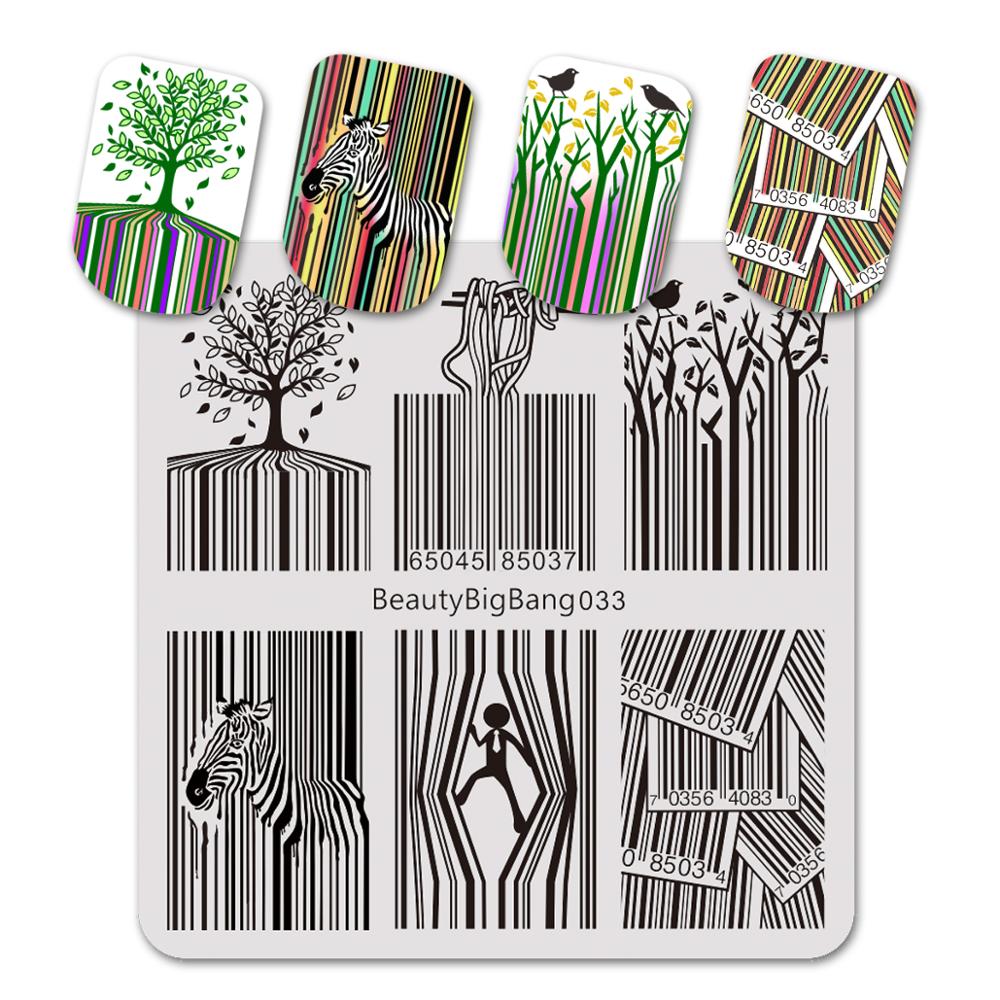 Plantillas para estampación de uñas BeautyBigBang, plantillas para estampado a rayas con código de barras, plantillas para imágenes de árbol de cebra, plantilla rectangular para estampación de uñas BBB 033