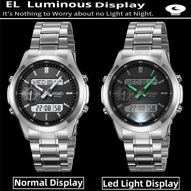 Skmei Herren-Sportuhren mit mehreren Zeitzonen, analoge Digitalanzeige, LED, wasserdicht, Quarz, elektronische Armbanduhr, 4 Wecker