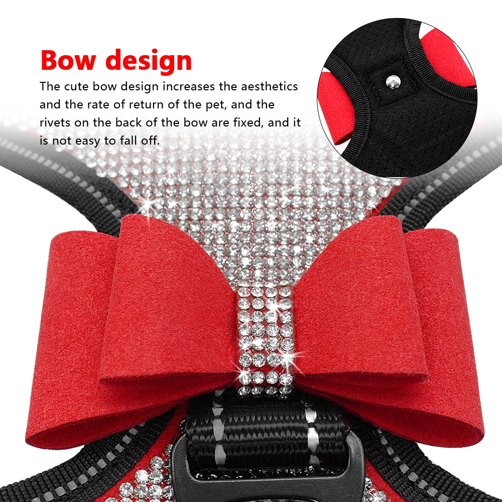 Rhinestone sele för små hundar reflekterande hund sele med söt bowknot mesh valp kattväst justerbar för fransk bulldog