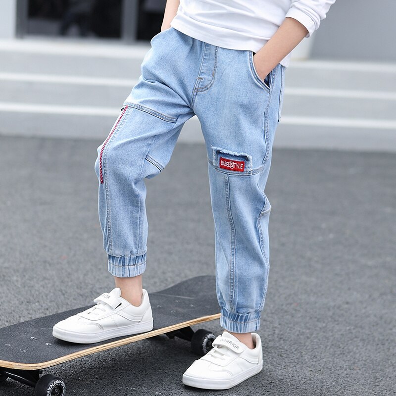 Crianças meninos jeans verão moda bordado calças crianças retalhos denim calças compridas crianças adolescente menino para calças casuais 6-14yrs