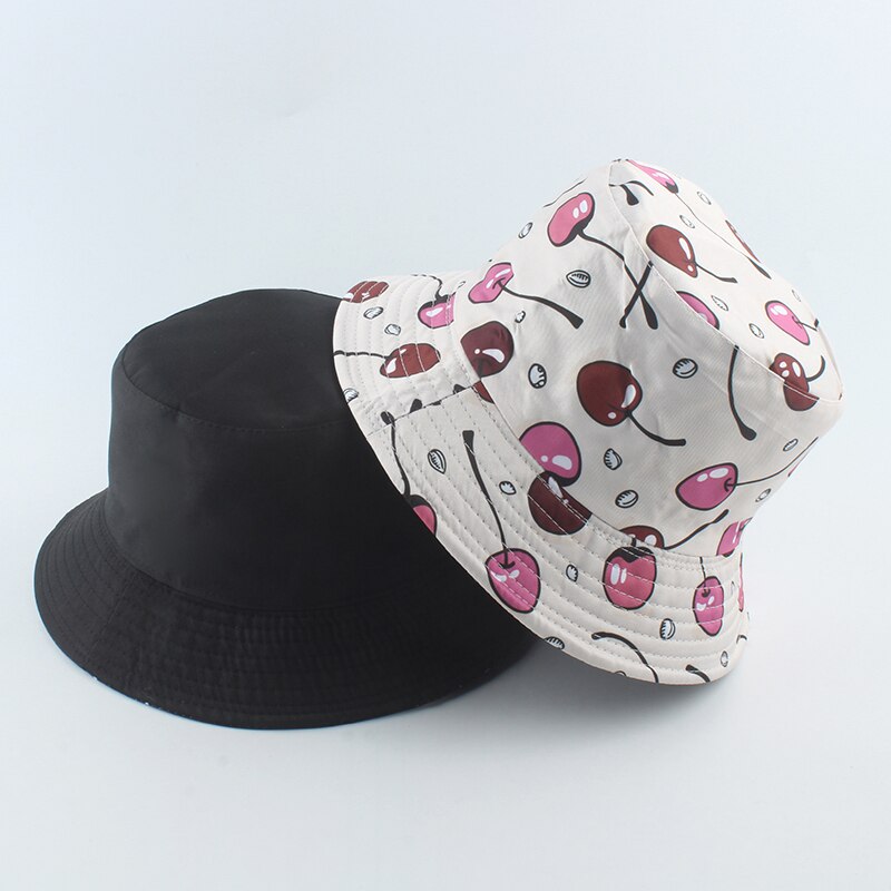 Bob Bucket Hats Men Women Summer Sun Cap Hip Hop Gorros Fruit Kiwi Apple Lemon Strawberry Print Reversible Fisherman Hat: cherry