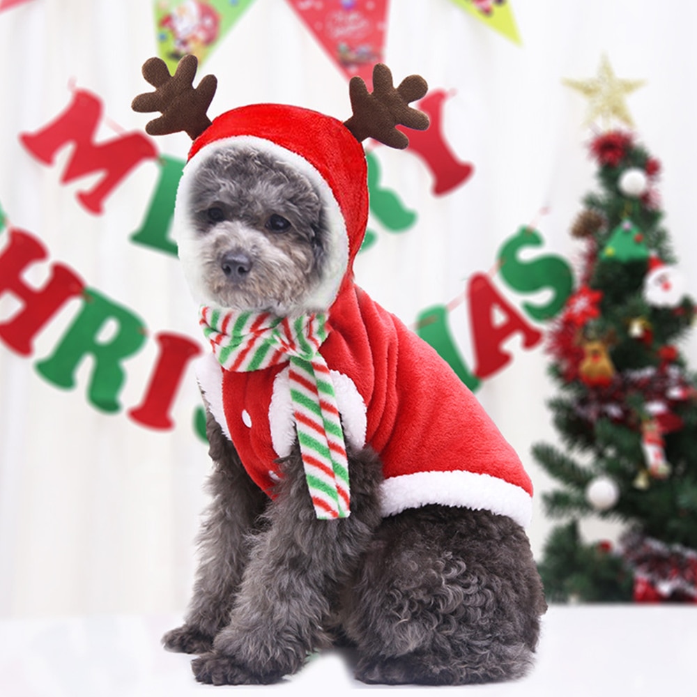 Hund juletøj vinter varm frakke hvalp hund fest hættetrøje med tørklæde kat tøj til lille mellemstor hund