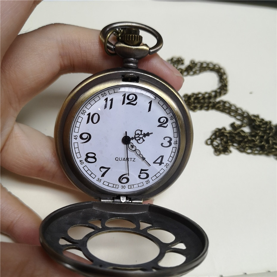Antique Bronze Hollow Flower Quartz Pocket Watch Arabic Numerals Display Necklace Watches Fob Chain Half Hunter Pocket Clock