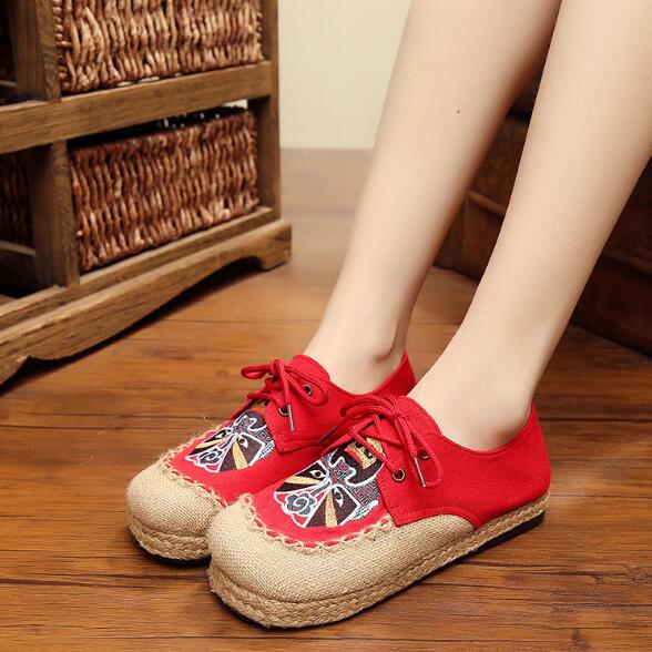 , mocasines bordados para mujer, zapatos planos para mujer, zapatos únicos respirables de lona DE LINO DE VERANO sy67: Rojo / 7