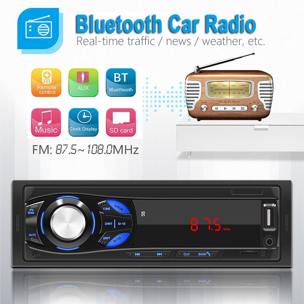 3.5mm aux bluetooth bilradio stereo fm handsfree kit  dc12v tf kortspelare tidsdisplay 1 din bil  mp3 högtalaradapter för lada