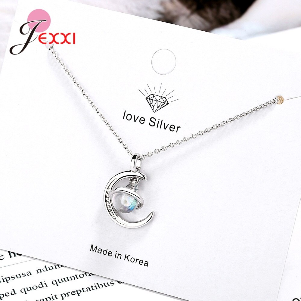 925 Sterling Silber Crescent Mond & Zirkon Planet Anhänger Halsketten für Frauen Zubehör S925 Kette Halsband