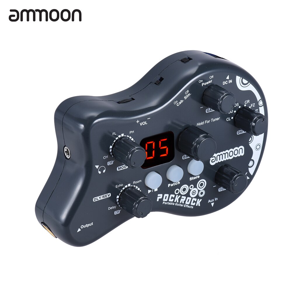 Ammoon PockRock, portátil, para guitarra, con múltiples efectos, procesador, efecto Pedal, 15 tipos de efecto, 40 tipos de batería, función de afinación: Gray US Plug