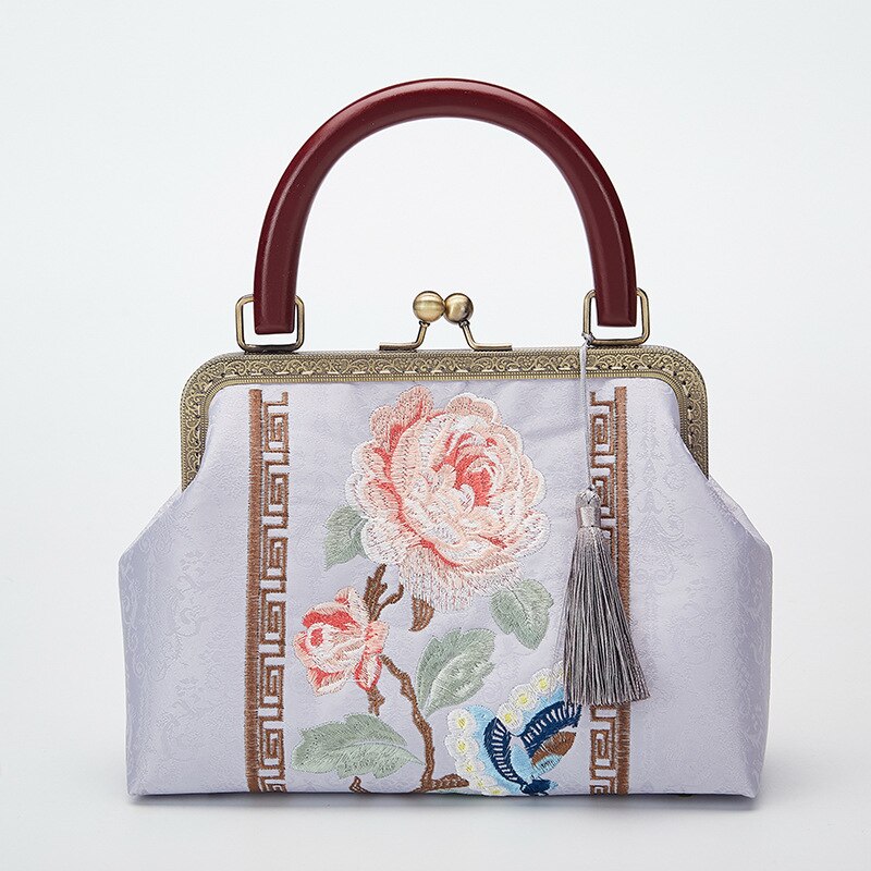 2022 Borduren Bloem Lock Shell Tassen Hout Vintage Bag Keten Vrouwen Schouder Crossbody Tas Tote Vrouwen Handtassen: women bag 2