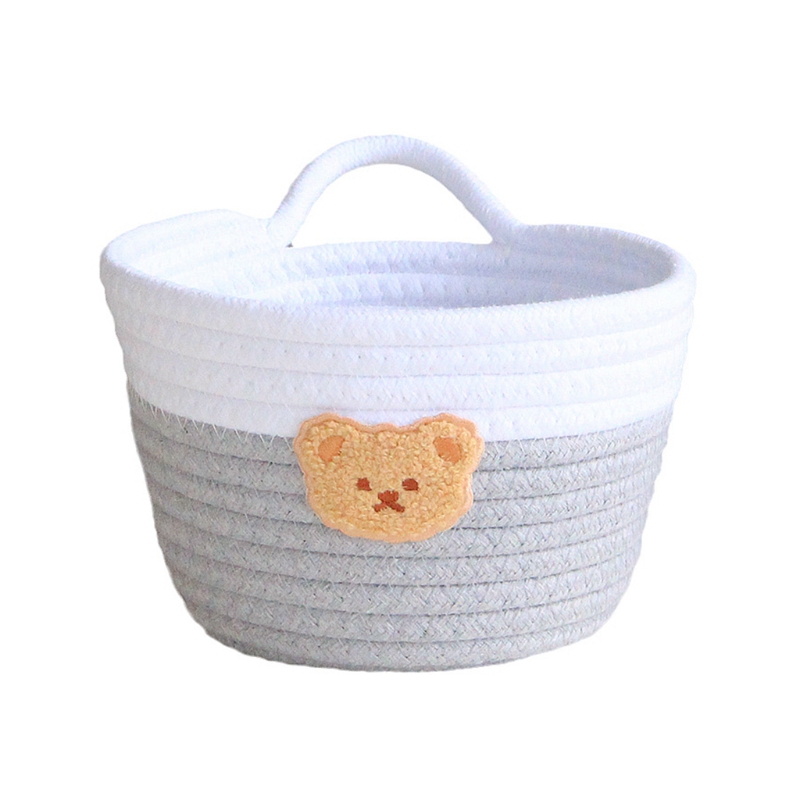 Fabric Tray Desk Basket Containers with Handle Cute Bear Hang Bag Desk Basket Containers for Jewellery Keys Fruits Candy: Gray fight white