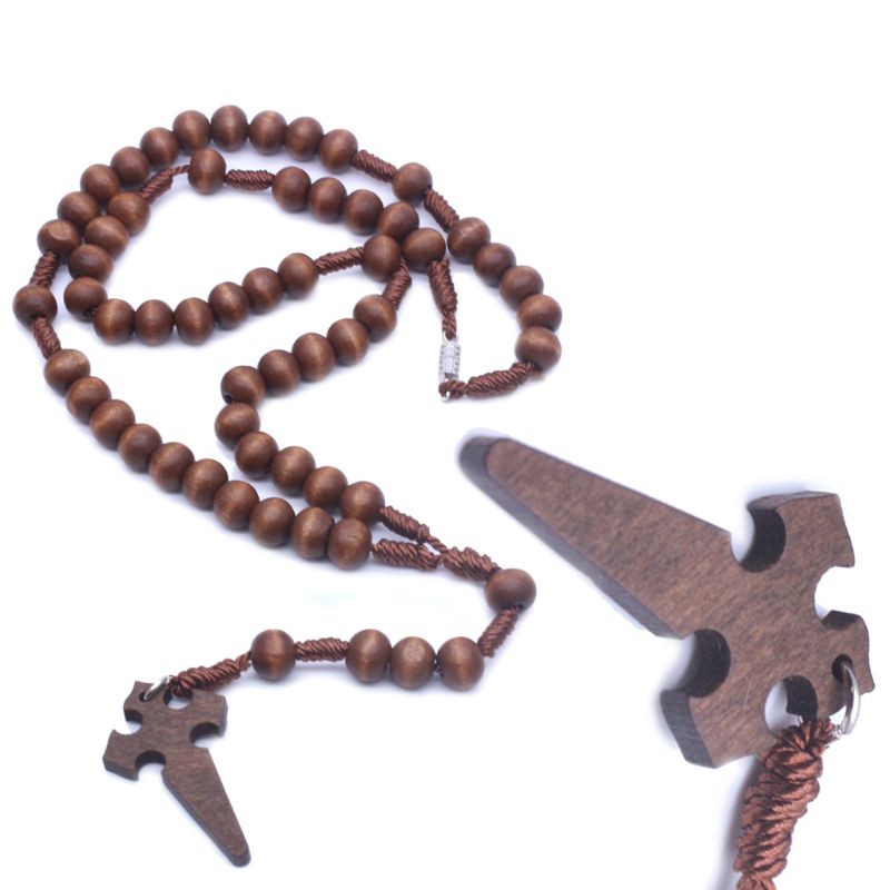 Jezus Houten Gebed Kralen 6Mm Rozenkrans Kruis Ketting Hanger Geweven Touw Ketting Sieraden Accessoires Kerk Levert