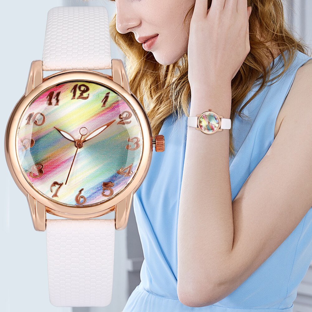 Horloges dames regenboog spiegel damesklok quartz polshorloge wit/roze/rood leren band armband horloge montre femme