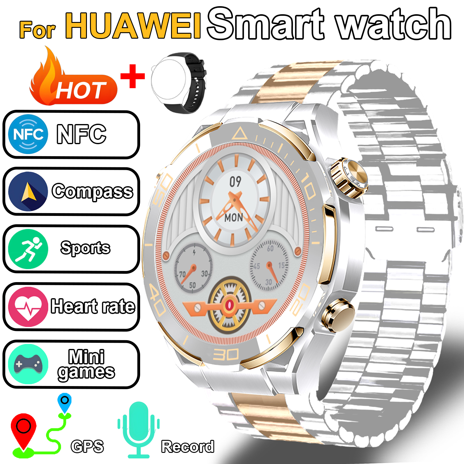 Nowy inteligentny zegarek sportowy dla mężczyzn 420mAh Kompas GPS NFC BT Monitorowanie tętna Smartwatch dla Huawei 2025 sprytny zegarek: MULTI