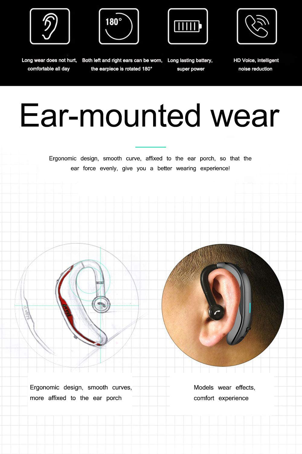 Bluetooth Headset Wireless Hands Free Earpiece with Microphone Waterproof Earbud V4.1 Car Headphones for Office Driving