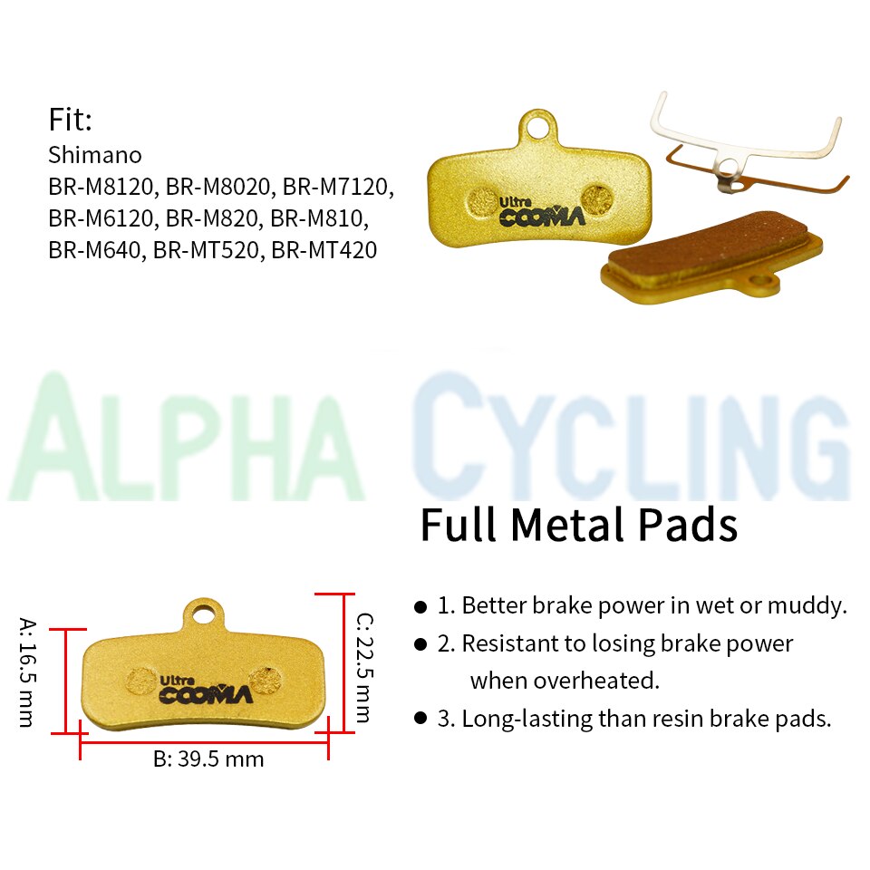 Freno de disco de bicicleta almohadillas para SHIMANO XT, M9020/M8020/Zee/Saint/M640/M800/M810/M820/M520/M420, 4 pares, Metal dorado