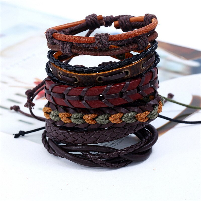 Punk rock 6 kpl/setti nahkarannekoru miesten hurmaava ruskea punottu rannekoru miehelle retkeilykorut asusteet pulsera hombre käsintehty