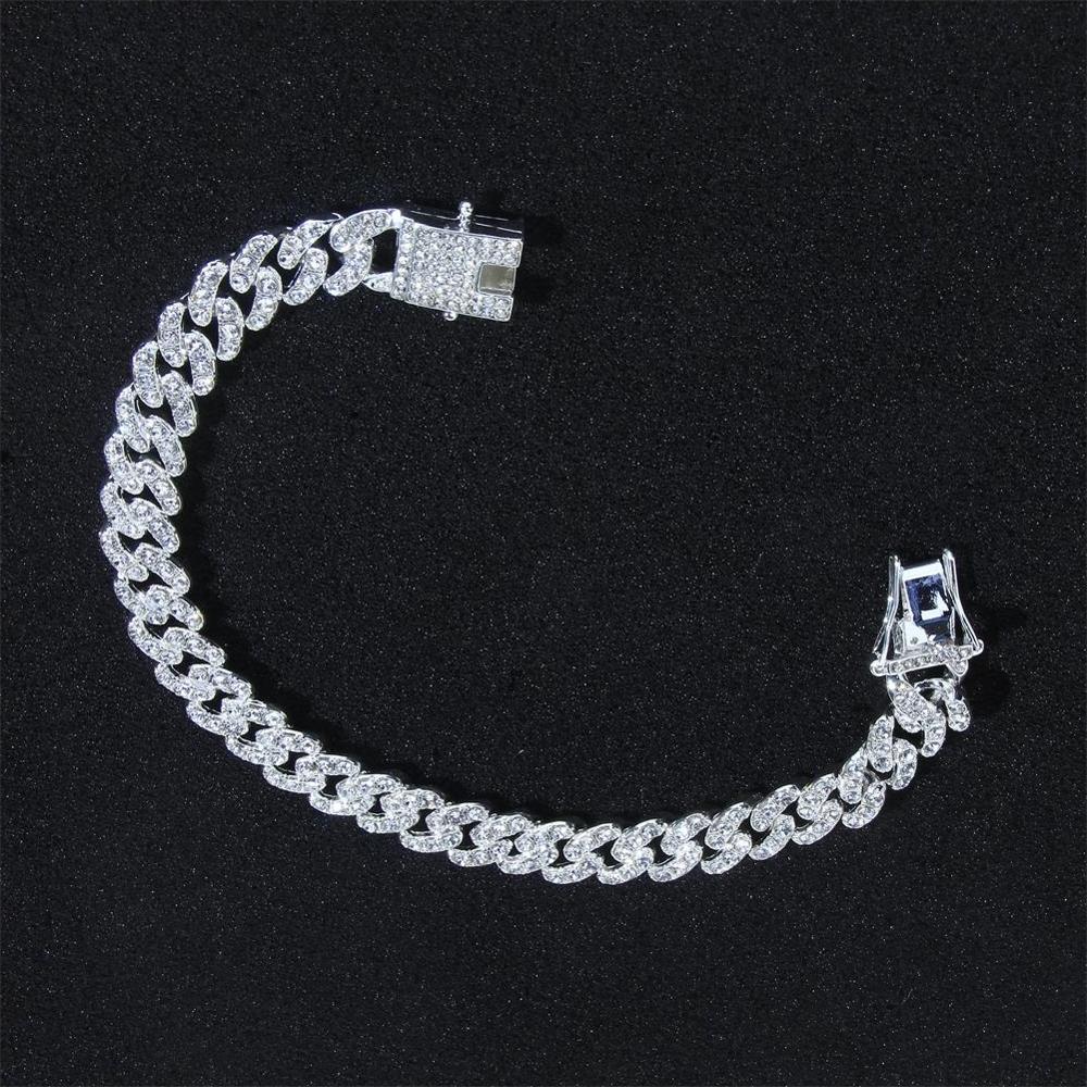 Bracelet de chaîne cubaine en or pour femmes glacé cristal strass pied Hip Hop bijoux poignet chaînes cubaines: Plaqué Argent