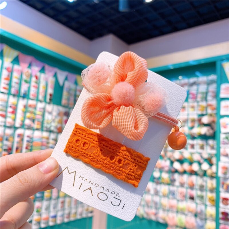 2PCS Korean Children's Small Fresh Flowers Hair Rope Little Girl Yarn Flower Hair Ring Baby Solid Color Hair Clip Headdress: orange