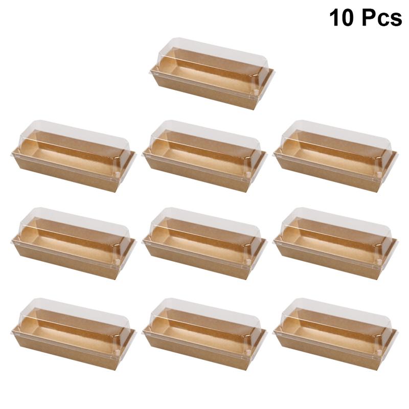 10PCS Rectangular Kraft Paper Sandwich Wrapping Boxes Cake Bread Snack Bakery Packing Box with Plastic Clear Lids