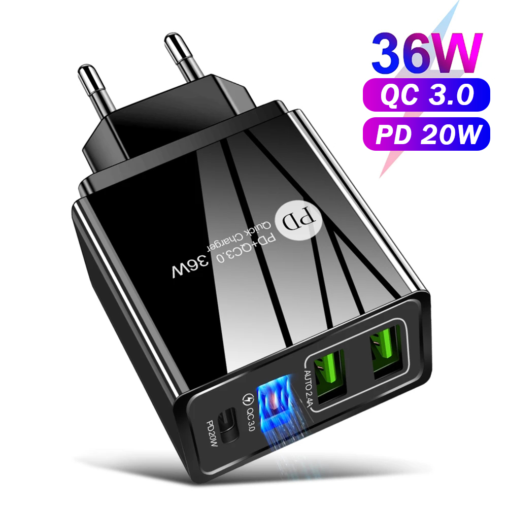4 porty 36W ładowarka do telefonu komórkowego 2.4A PD 20W szybkie ładowanie 3.0 USB typ C ładowarka ścienna do iPhone 13 12 11 Xiaomi Samsung