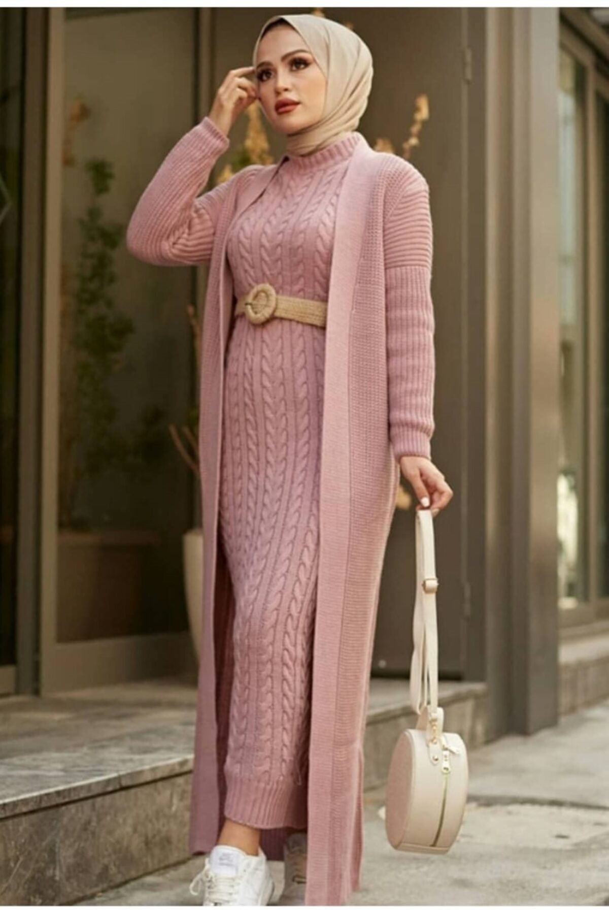 Gabardina larga tipo Cárdigan para mujer, ropa árabe de Muslilm, vestido largo, de Dubái en inglés, 2 uds.: PINK
