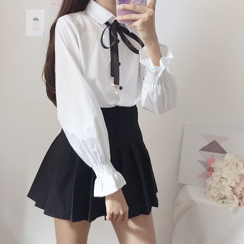 Leuke Boog College Wind Overhemd Vrouwelijke Flare Mouw Vrouwen Blouse Harajuku Uniform Shirt Lace Up Witte Blouses Vrouw Tops