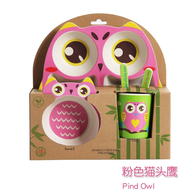 Owl Baby Dinnerware Set Bamboo Fiber Children's Plate Cartoon Baby Feeding Dishesd With Fork Spoon Cup Kids Tableware: pink owl