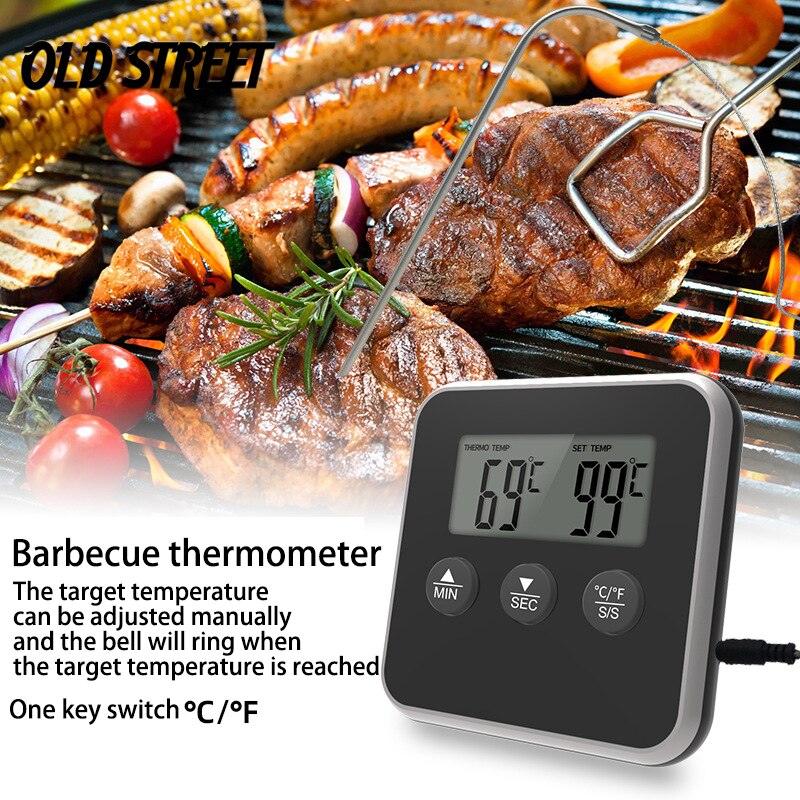 Digital bbq kogeovn termometer kød køkken mad temperaturmåler til grill timer funktion med rustfri stål sonde