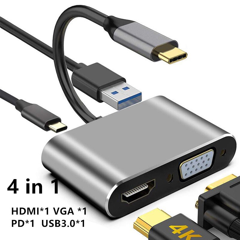 Type C Naar Hdmi-Compatibel 4K Vga Usb C Sd Tf Kaartlezer Usb 3.0 Adapter Hub Voor macbook Samsung S9 Dex Huawei P40 Tv Projector: 4 in 1