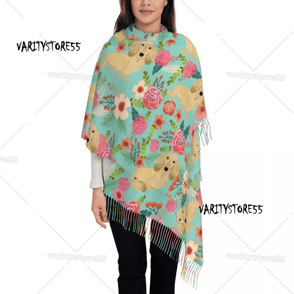 Doxie Florals Dachshund Scarves Women Winter Fall Soft Warm Tassel Shawl Wraps Badger Sausage Dog Scarf: army green