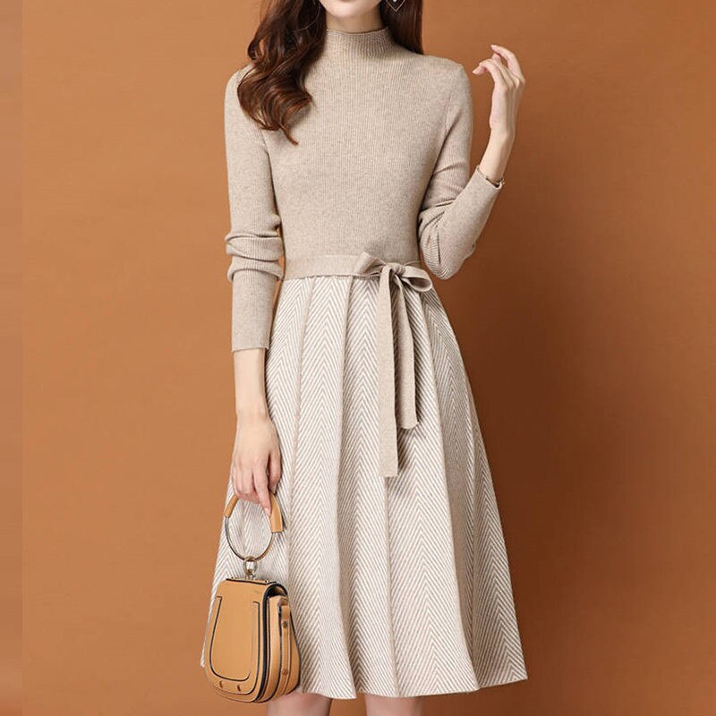Knitted Sweater Pleated Dress Female Autumn Winter Dress Long Sleeve Sweater Women Dress Office Lady Casual Midi Dress