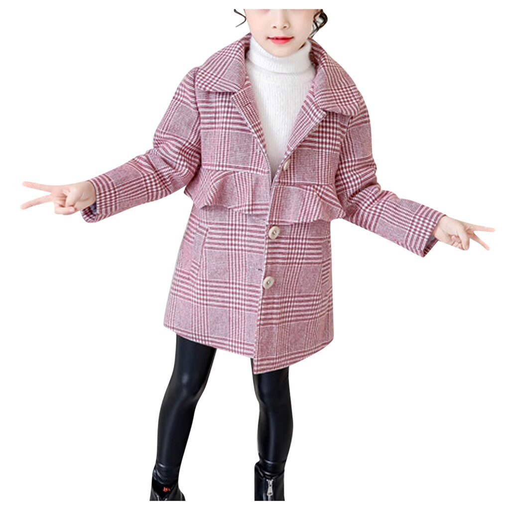 Winter kindermeisjes lange mouw jas geruite omslagkraag casual kinderjas bovenkleding kleding jassen voor meisjes: Roze / 150