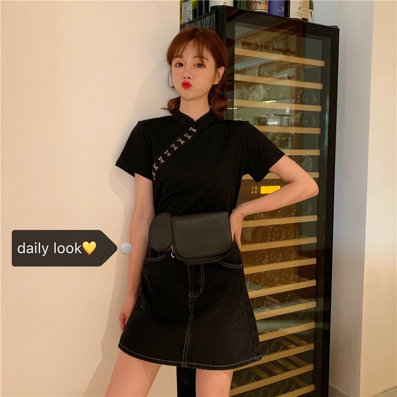 Black Cheongsam Top Asian Streetwear T Shirt Crop Tops For Teens Chinese Style Clothing Women Gothic Crop Top Femme V2161