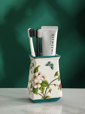 Ceramics Bathroom Set Liquid Soap Dish Toothbrush Holder/Rack Lover Gargle Cup Dental Jar Flowers &amp; Bird Pastoral Style: Toothbrush Holder 1