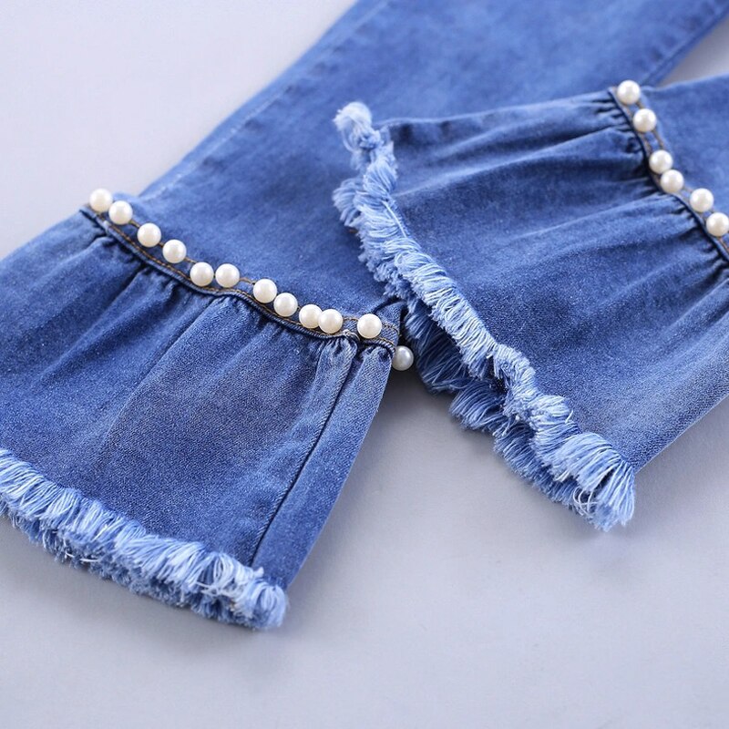 2-12Y frędzle dżinsy dzwony dziewczyny wiosna spodnie na jesień dżinsy dziecięce moda szczupły spodnie dla dzieci CUHK spodnie dziecięce spodnie migotać