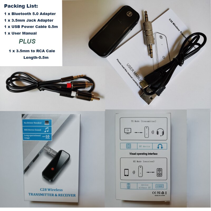 Bluetooth 5.0 sender modtager 2 in1 stik bt adapter 3.5mm audio aux adapter til bil audio musik aux håndfri headset: Bluetooth lydkabel