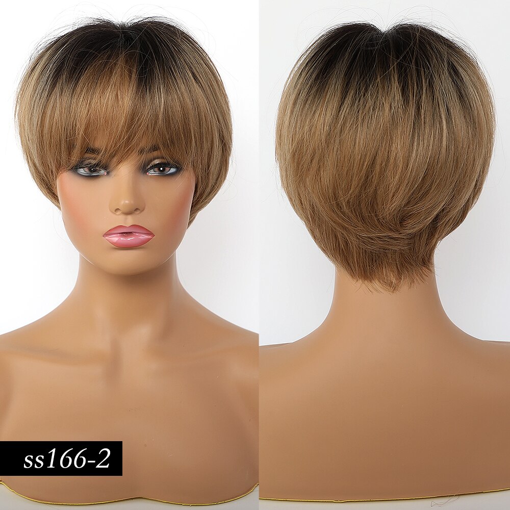 Jonrenau 8 tommer syntetisk kort lige paryk lys blonde brune parykker med pandehår pixie cut parykker til hvide sorte kvinder: Ss166-2