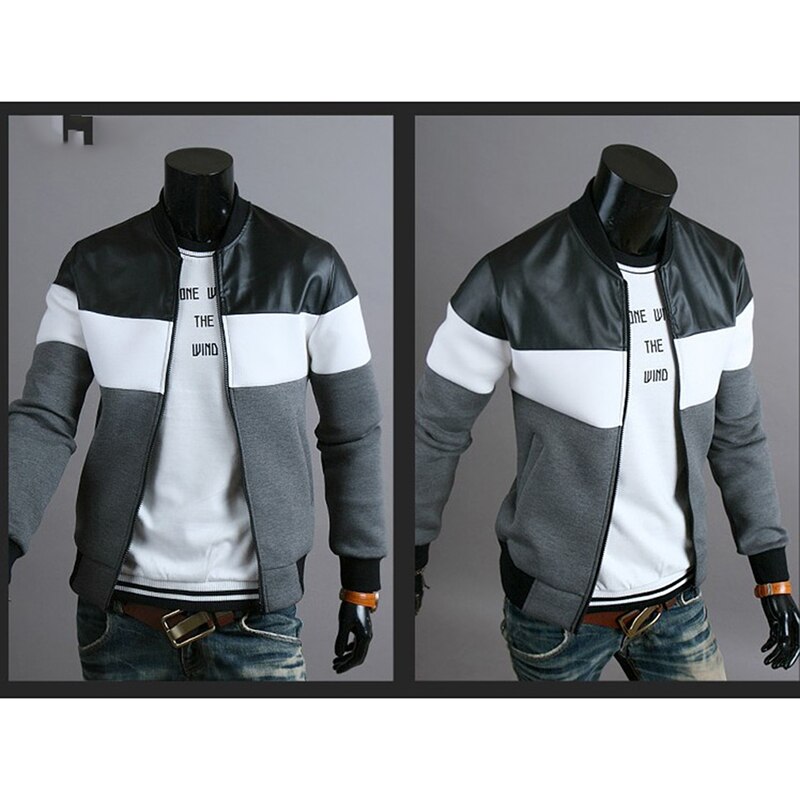 Men Autumn Winter Patchwork Outerwear Casual Stand Collar Zipper Jackets Plus Size Men Jacket Coat Autumn Clothing: deep gray / M