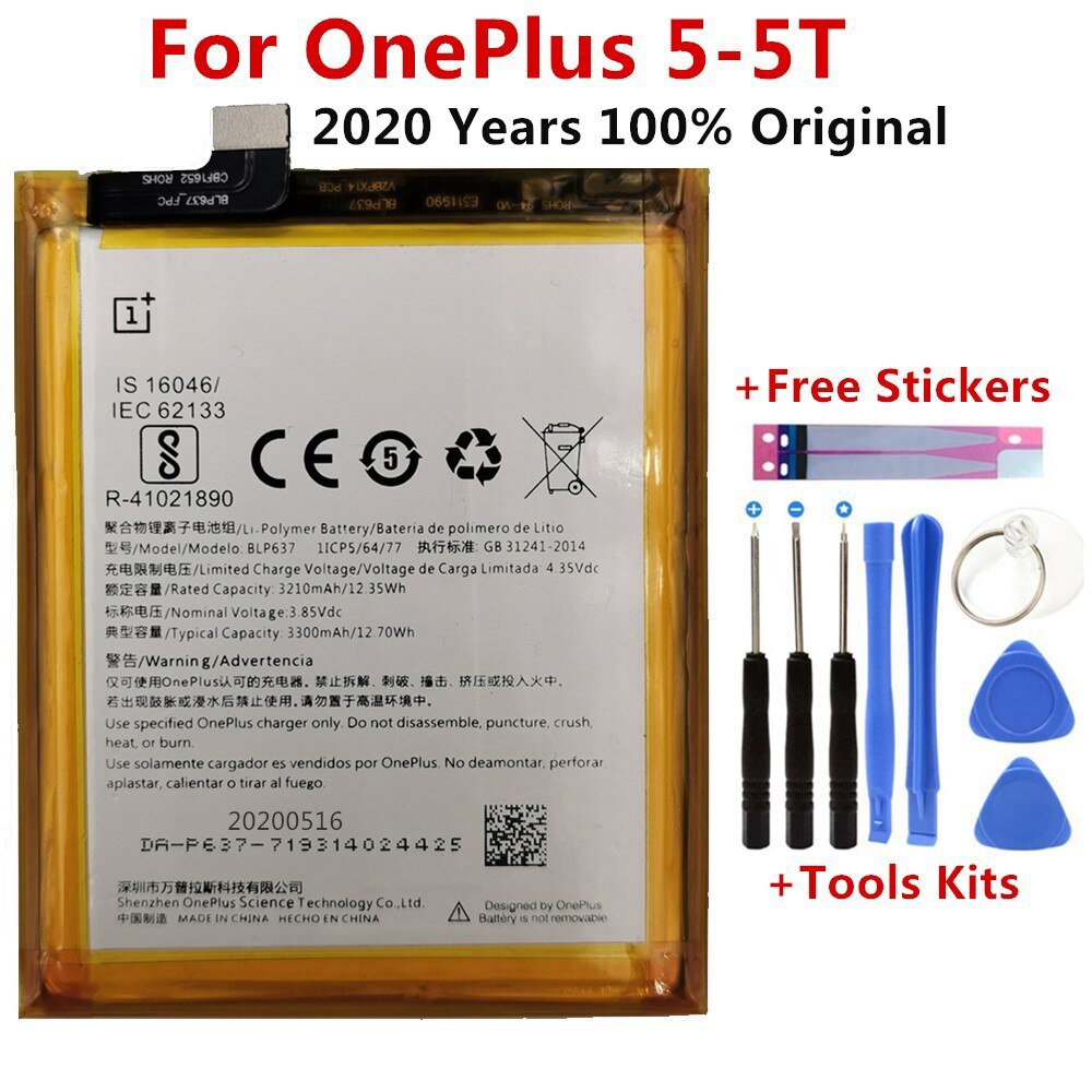 100% オリジナル交換用バッテリー 1 1 + 1 プラスoneplus oneplus 2 3 1 プラス 3 3t 5 5t品質リチウムイオン電池: For OnePlus 5-5T